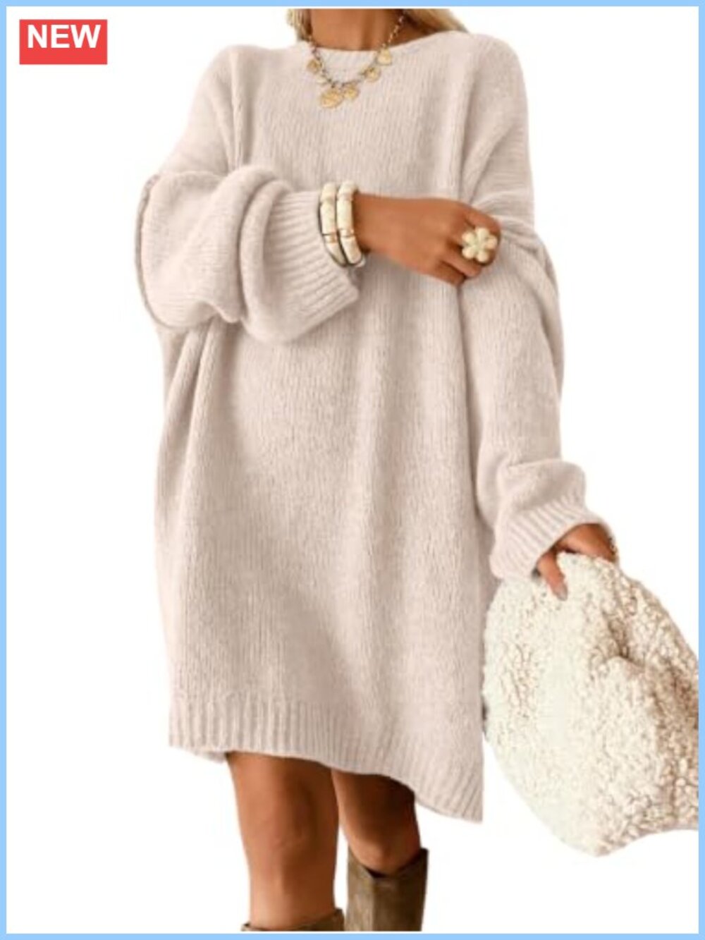 Oversized Chunky Knit Sweater Dress Crew Neck Long Sleeve Fall Winter